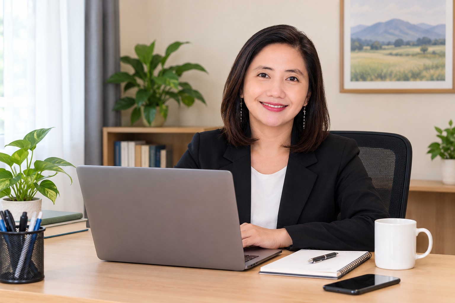 Meliza seated at a desk with a laptop in a warm home-office setting