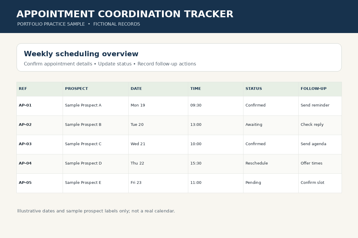 Fictional appointment coordination tracker sample