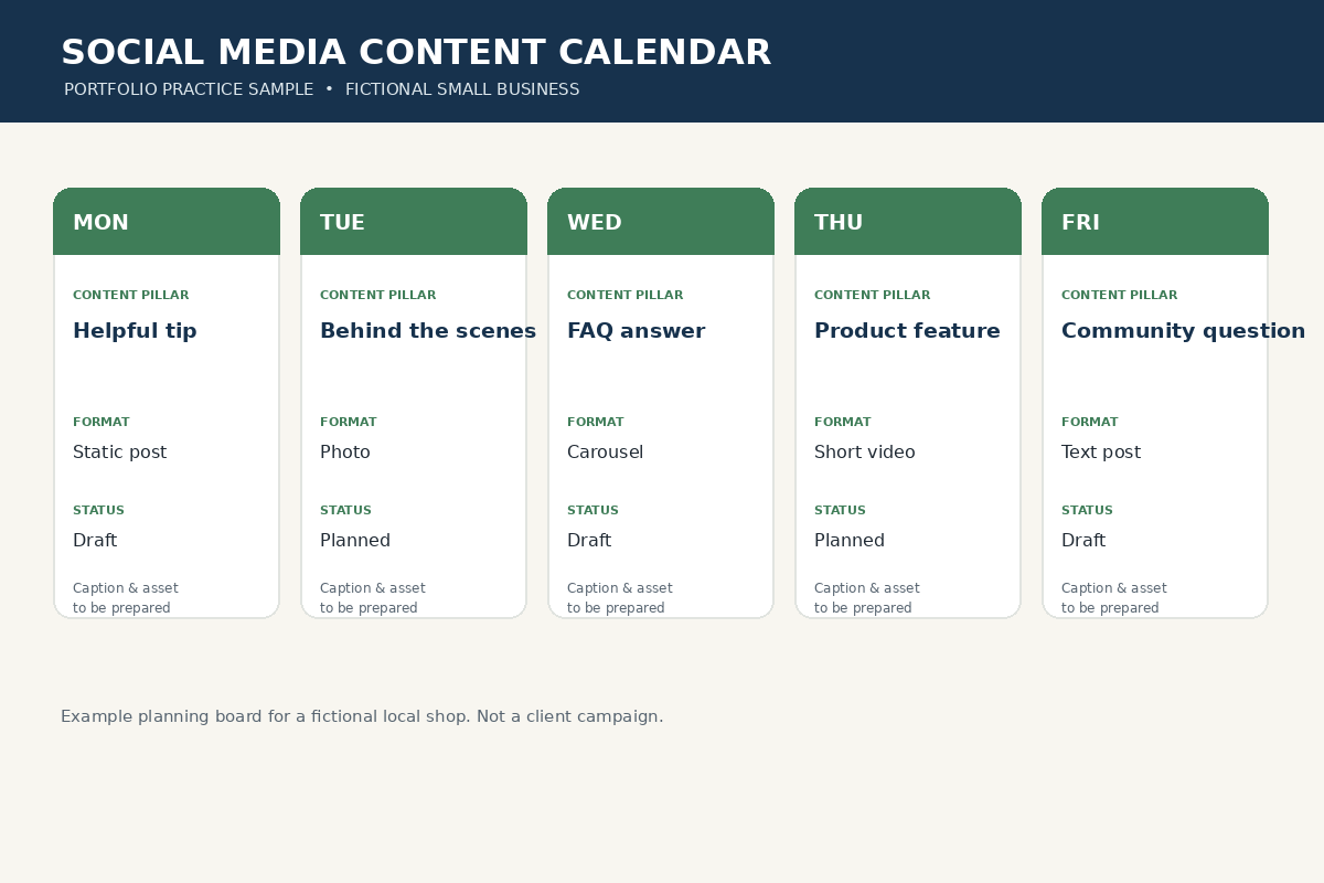 Fictional social media content calendar sample